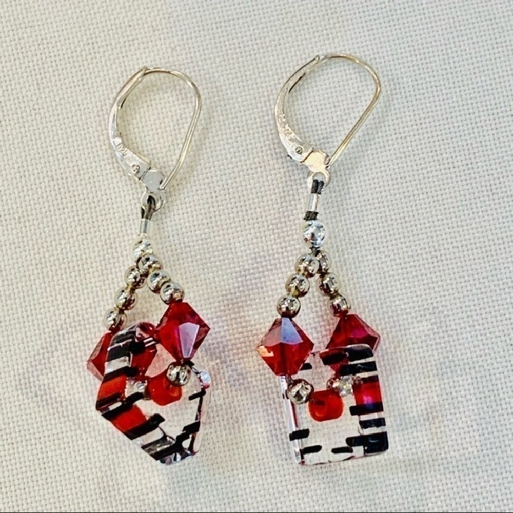 Sterling silver glass square bead red black 925 lever hook post modern geometric